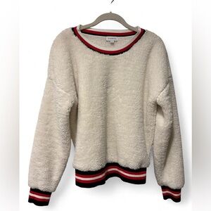 Evereve Womens Top Size Medium Ivory Koda Sherpa Varsity Pullover